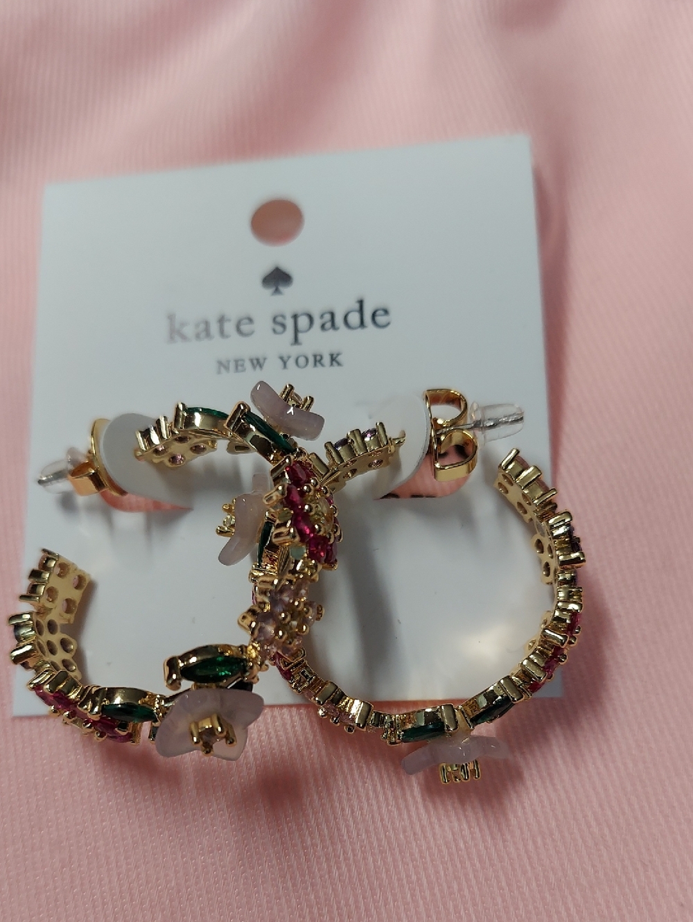 kate spade Gold Hoop Earrings with Pink and Green Stones